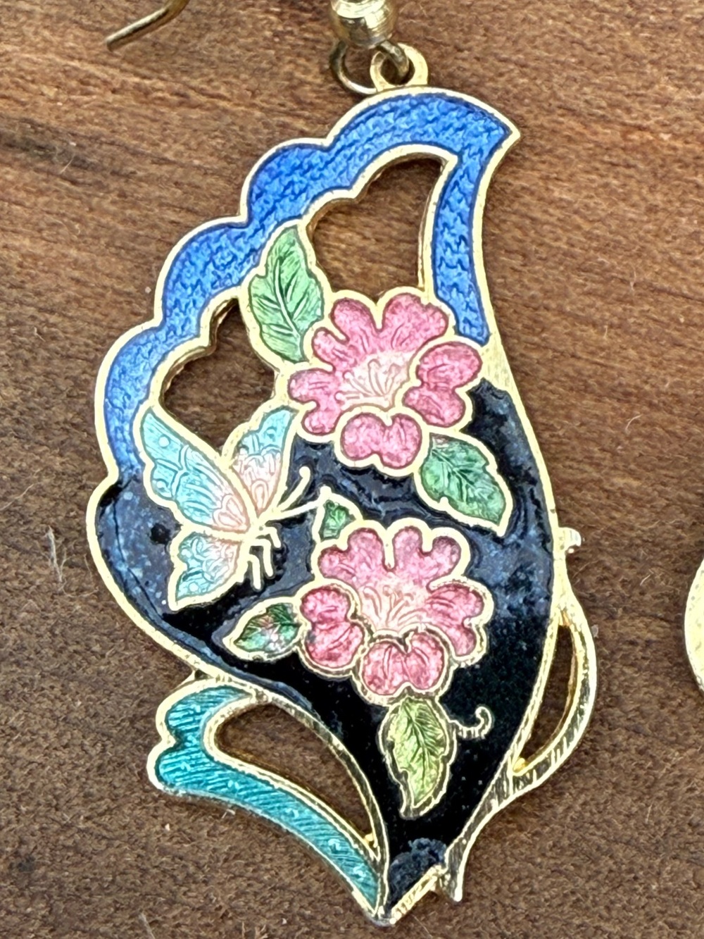 Vintage Pink Flower Cloisonné Drop Earrings with Blue Accents - Picture 2 of 4